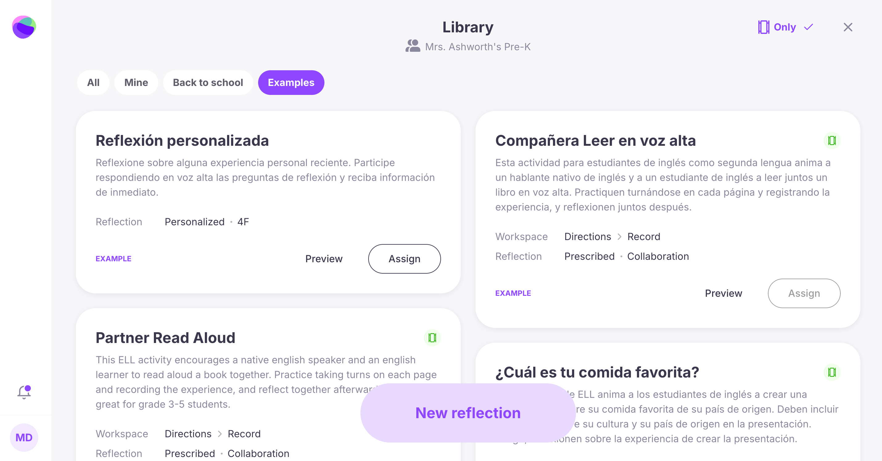 MirrorTalk's pre-built reflection template and activities for Spanish native speakers